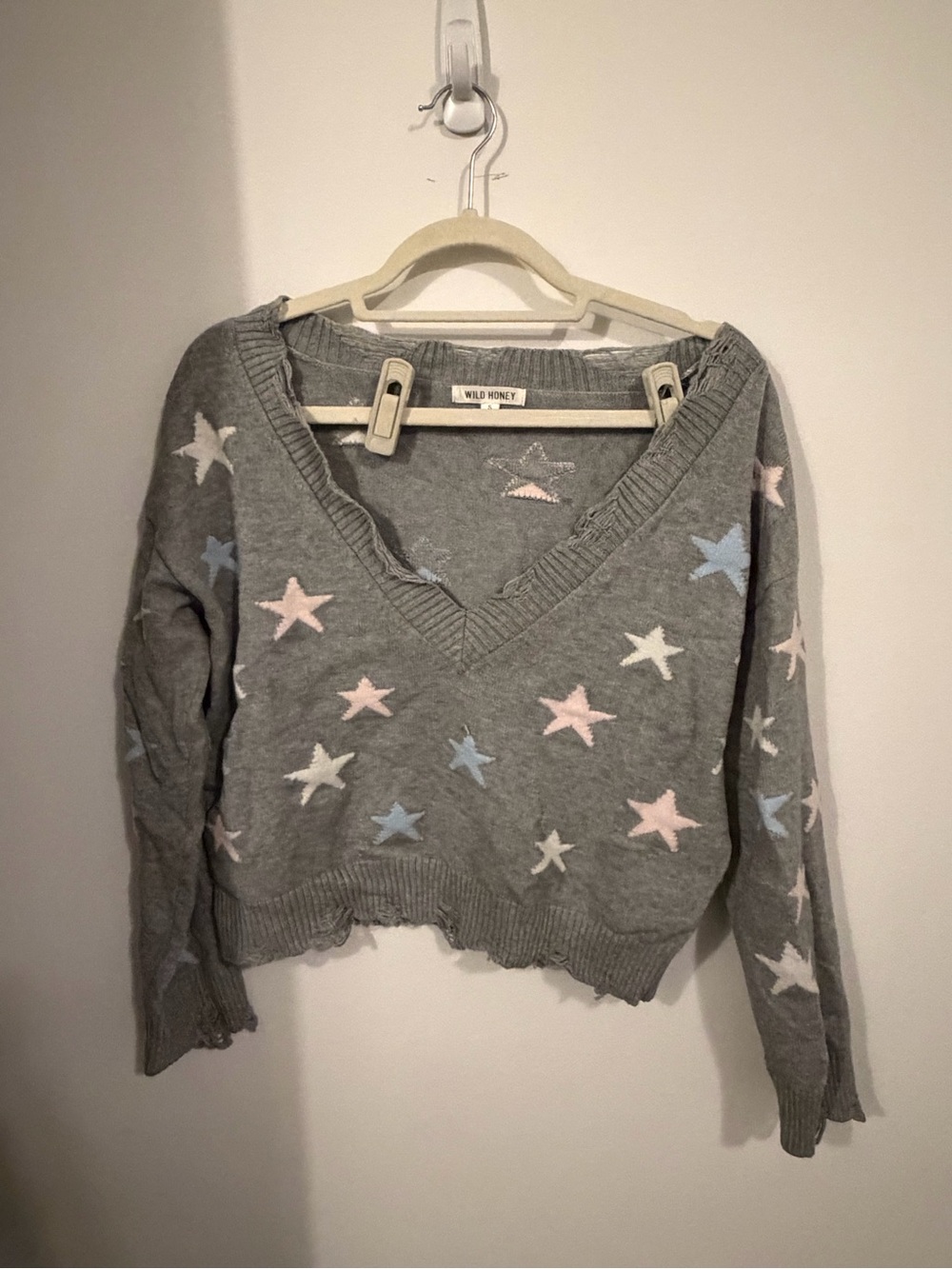 Wild Honey Gray Star V-Neck Distressed Sweater
